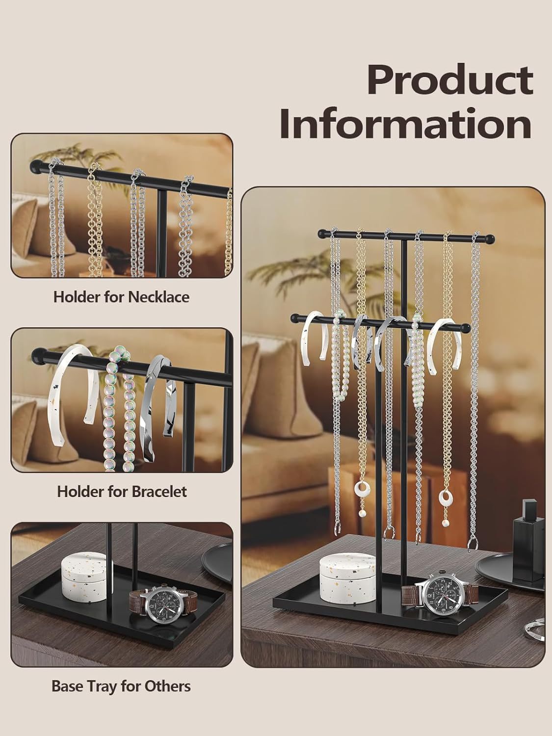 Necklace Organizers Holder, Small Jewelry Display Stand for Women, Men and Vendors, Long Necklace Organizer, Multi-Functional Bracelet Hanger, Space Saving Design (2 Tier Black)