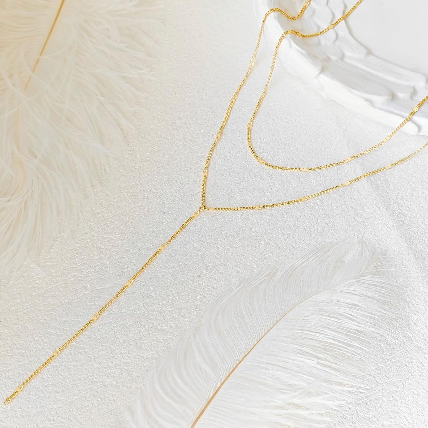 Gold Necklace for Women, Dainty Long Necklace 14k Gold Plated/Silver Y-Shaped Pendant Necklaces Trendy Beaded Chain Drop Necklaces Jewelry for Women Gifts