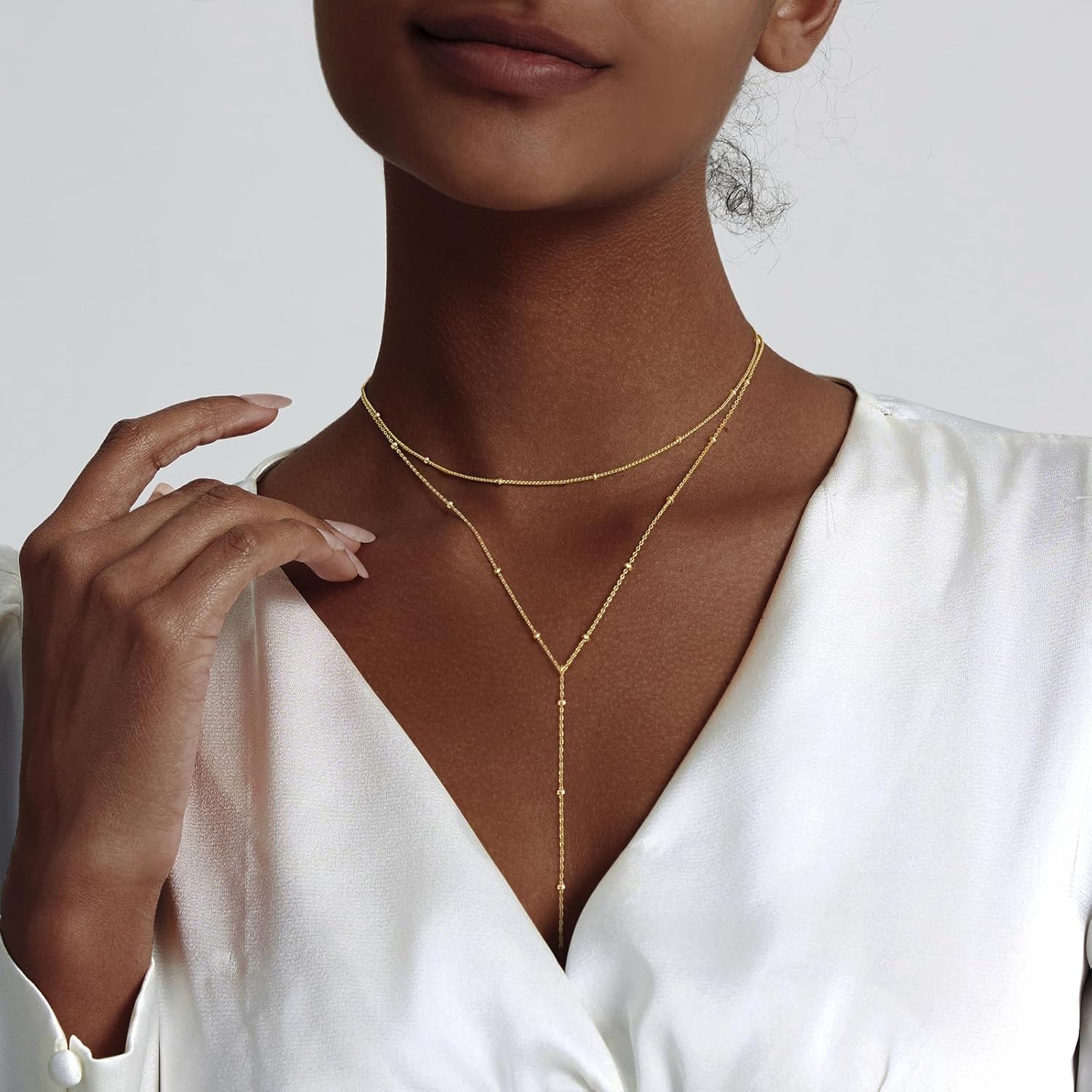 Gold Necklace for Women, Dainty Long Necklace 14k Gold Plated/Silver Y-Shaped Pendant Necklaces Trendy Beaded Chain Drop Necklaces Jewelry for Women Gifts