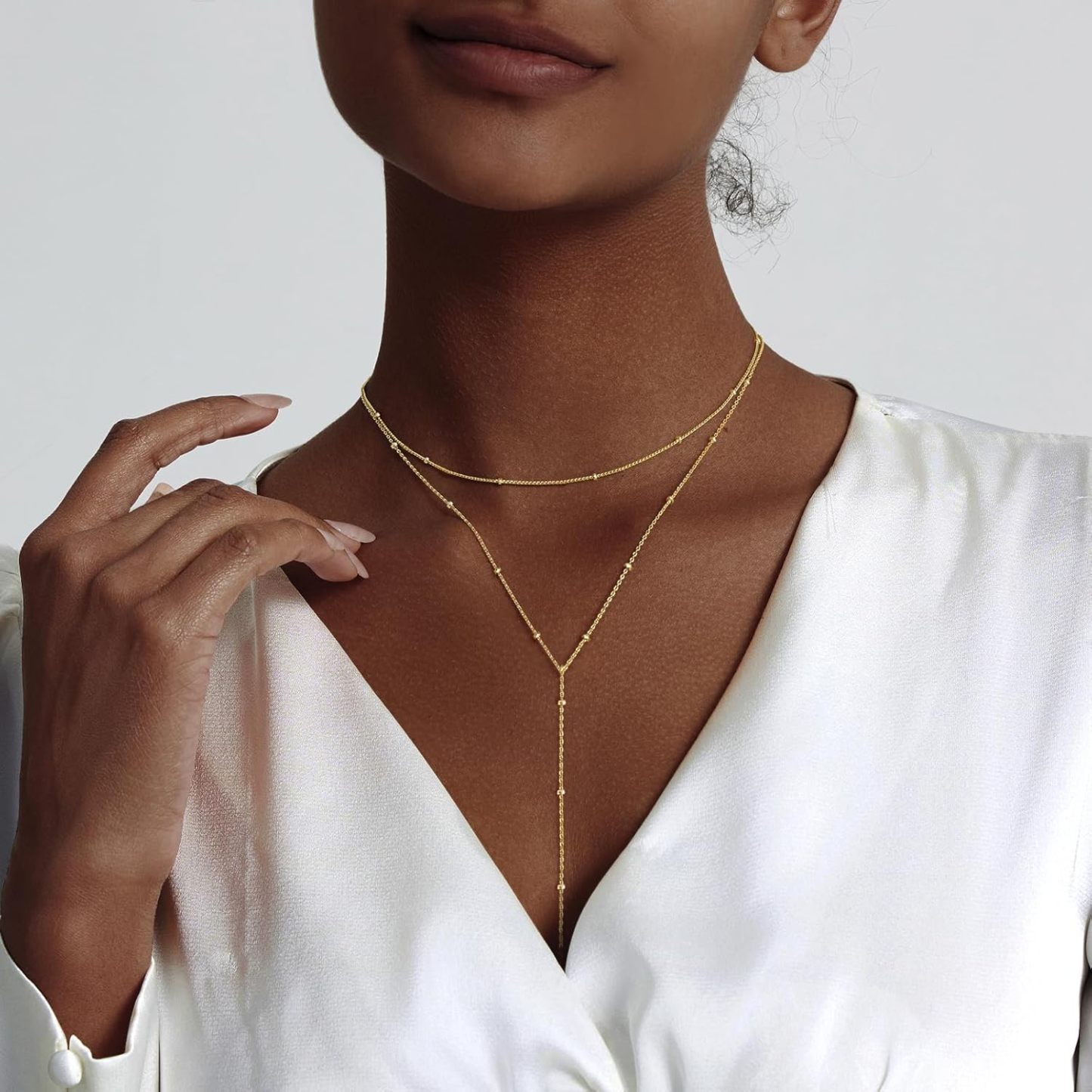 Gold Necklace for Women, Dainty Long Necklace 14k Gold Plated/Silver Y-Shaped Pendant Necklaces Trendy Beaded Chain Drop Necklaces Jewelry for Women Gifts