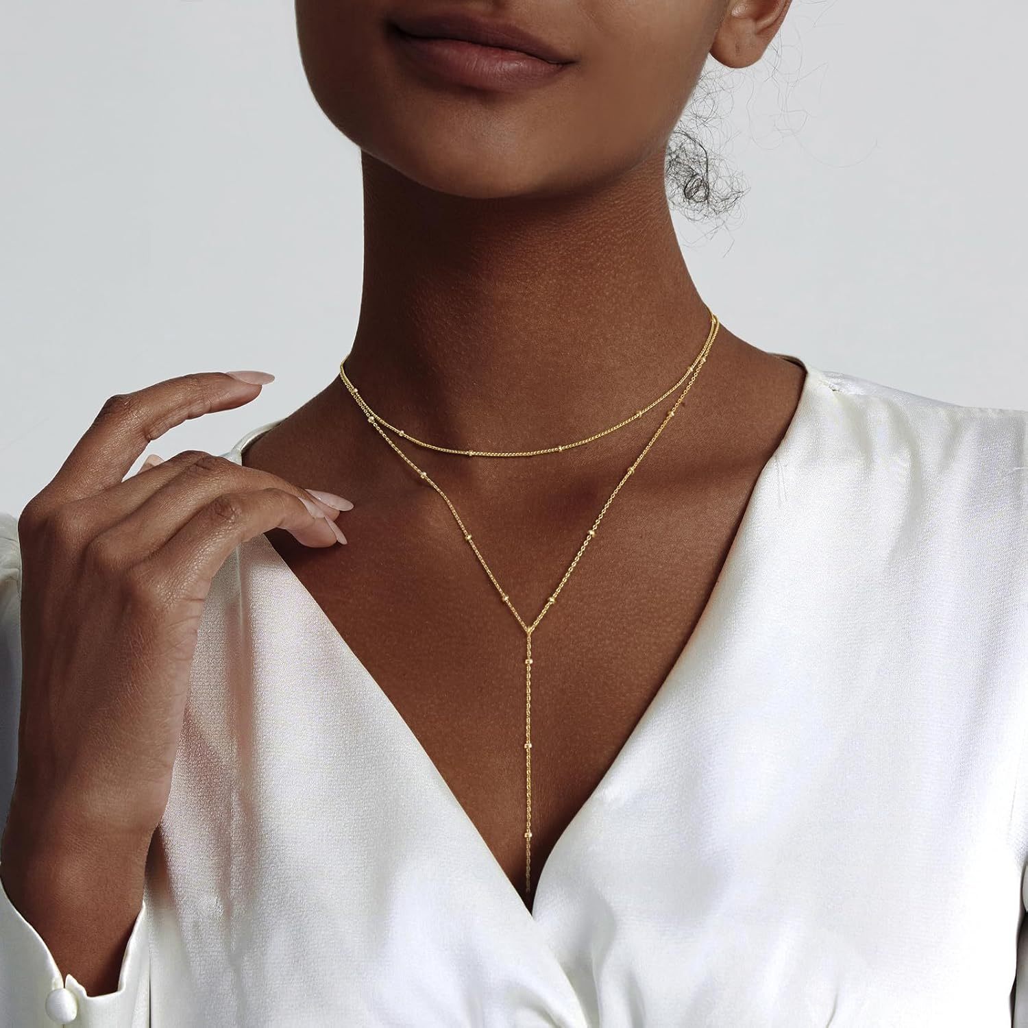 Gold Necklace for Women, Dainty Long Necklace 14k Gold Plated/Silver Y-Shaped Pendant Necklaces Trendy Beaded Chain Drop Necklaces Jewelry for Women Gifts
