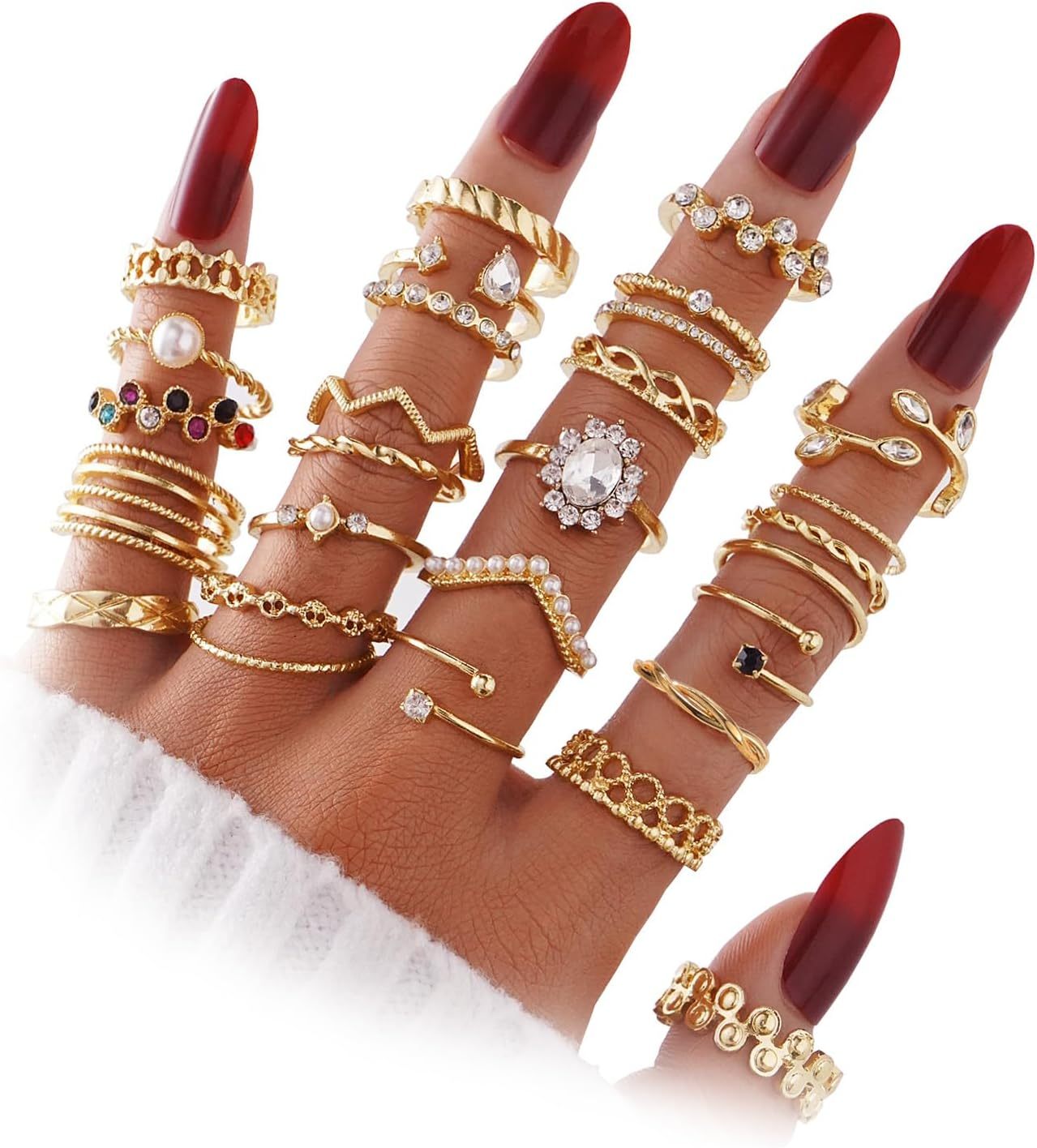  51 Pcs Gold Knuckle Rings Set For Women Girls Vintage Stackable Joint Finger Midi Rings Dainty Cubic Zirconia Crystal Simple Twist Hollow Cute Rings Pack Jewelry Gift