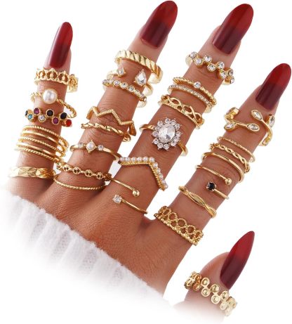  51 Pcs Gold Knuckle Rings Set For Women Girls Vintage Stackable Joint Finger Midi Rings Dainty Cubic Zirconia Crystal Simple Twist Hollow Cute Rings Pack Jewelry Gift