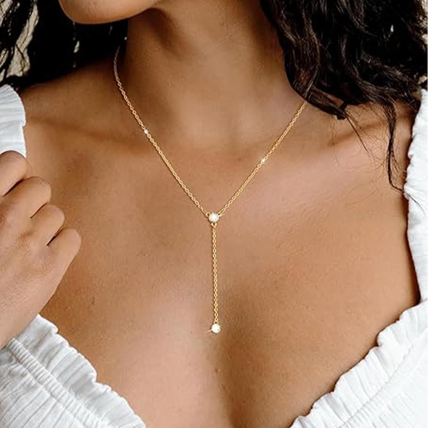 Gold Necklace for Women, Dainty Long Necklace 14k Gold Plated/Silver Y-Shaped Pendant Necklaces Trendy Beaded Chain Drop Necklaces Jewelry for Women Gifts