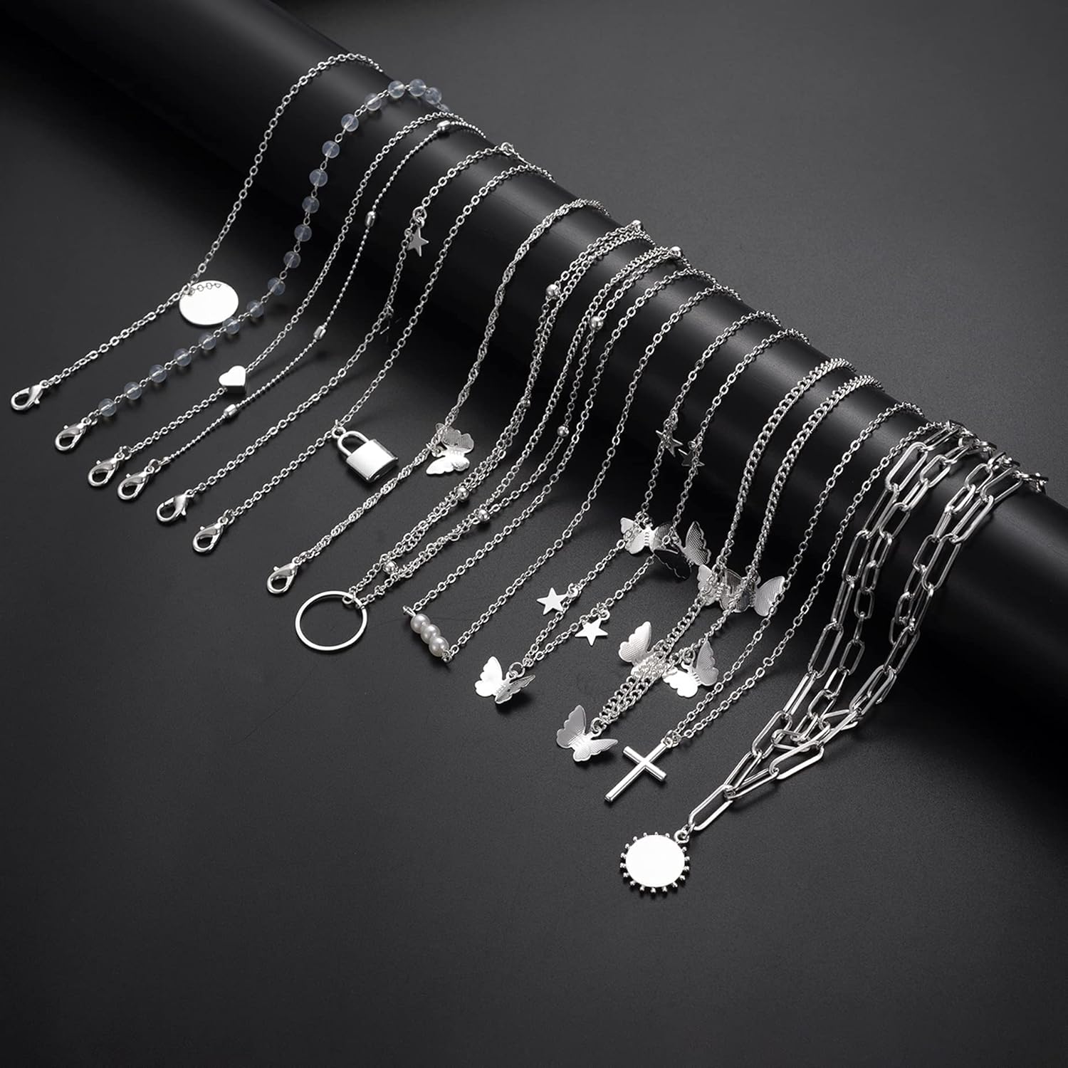 12pcs Chain Gold Bead Necklace Coin Moon Star Pearl Pendant Chain Choker Multilayer Necklace Leather Cord Set for Women Men Adjustable Gold Tone