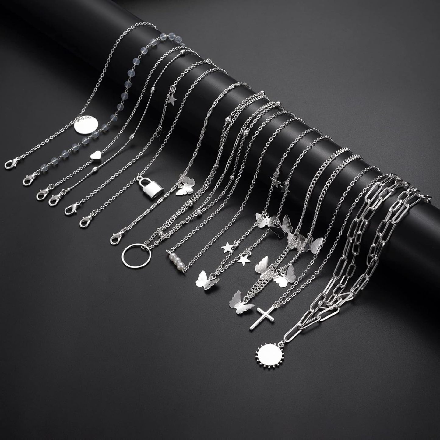 12pcs Chain Gold Bead Necklace Coin Moon Star Pearl Pendant Chain Choker Multilayer Necklace Leather Cord Set for Women Men Adjustable Gold Tone