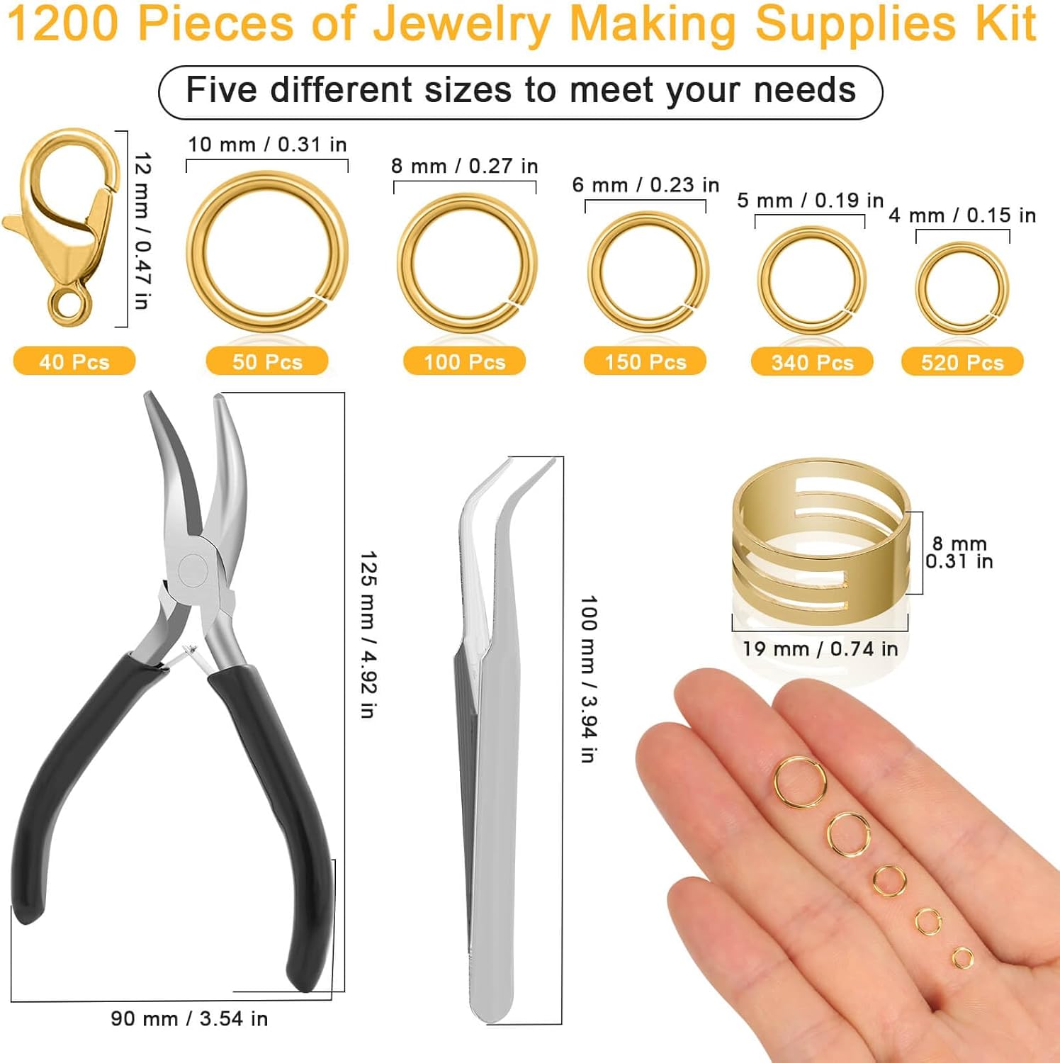 Jewelry Making Supplies and Necklace Repair with Jump Ring Pliers and Open Jump Ring(1200Pcs Silver and Gold)