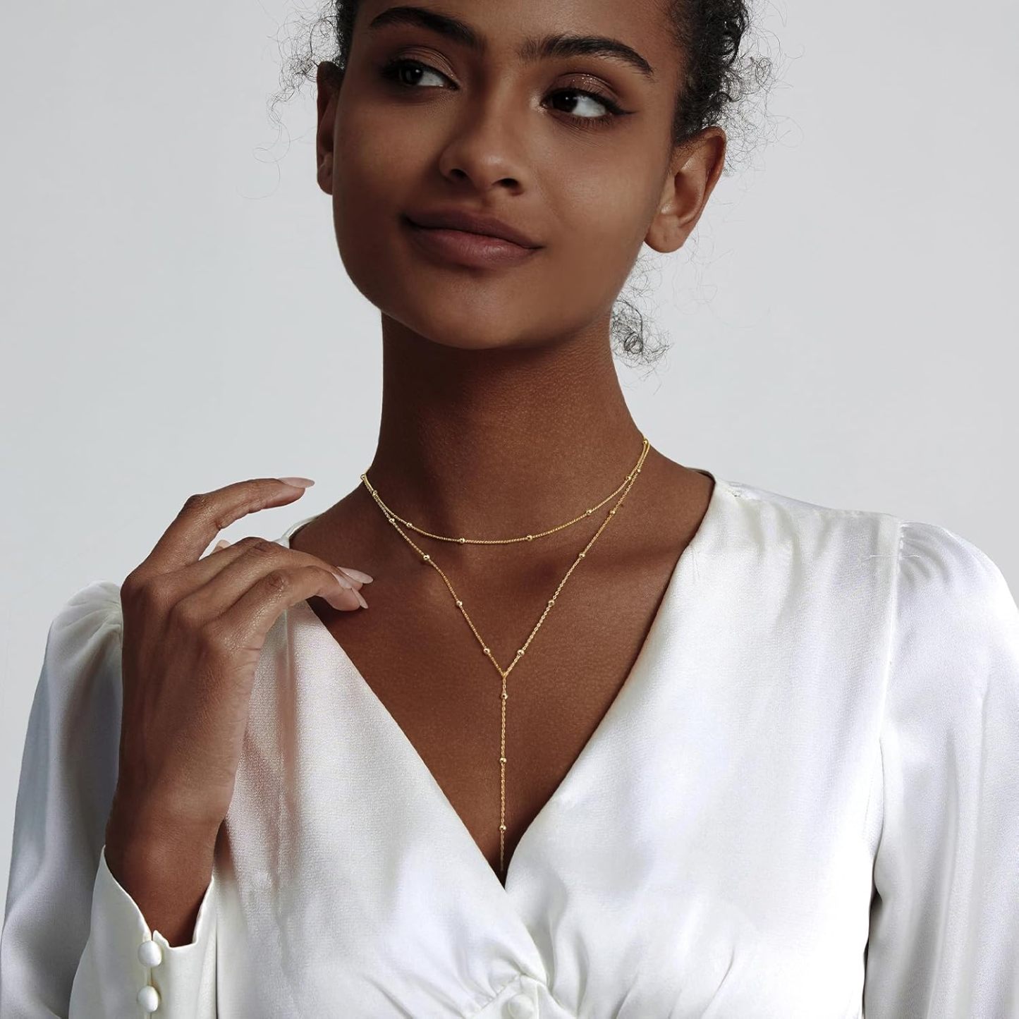 Gold Necklace for Women, Dainty Long Necklace 14k Gold Plated/Silver Y-Shaped Pendant Necklaces Trendy Beaded Chain Drop Necklaces Jewelry for Women Gifts