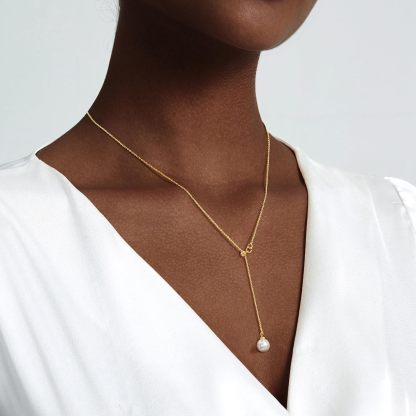 Gold Necklace for Women, Dainty Long Necklace 14k Gold Plated/Silver Y-Shaped Pendant Necklaces Trendy Beaded Chain Drop Necklaces Jewelry for Women Gifts