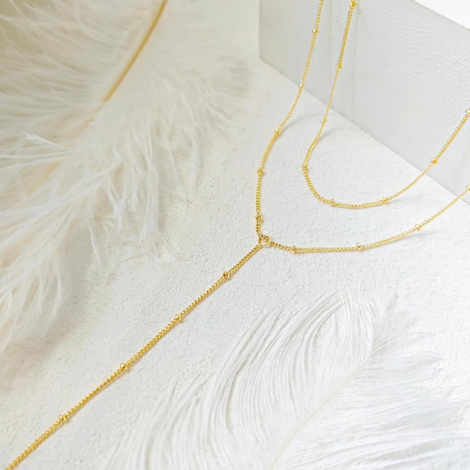 Gold Necklace for Women, Dainty Long Necklace 14k Gold Plated/Silver Y-Shaped Pendant Necklaces Trendy Beaded Chain Drop Necklaces Jewelry for Women Gifts