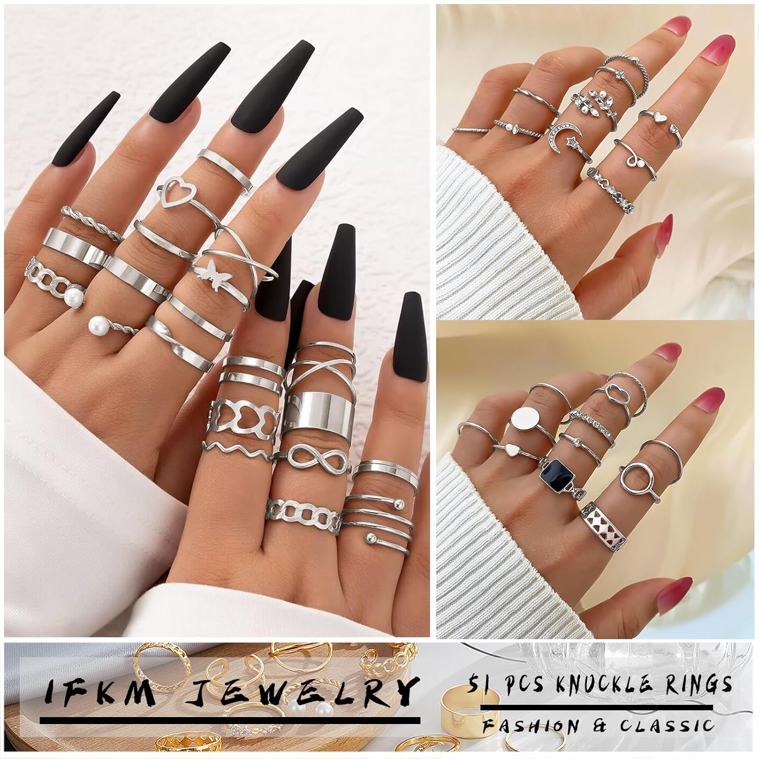  51 Pcs Gold Knuckle Rings Set For Women Girls Vintage Stackable Joint Finger Midi Rings Dainty Cubic Zirconia Crystal Simple Twist Hollow Cute Rings Pack Jewelry Gift