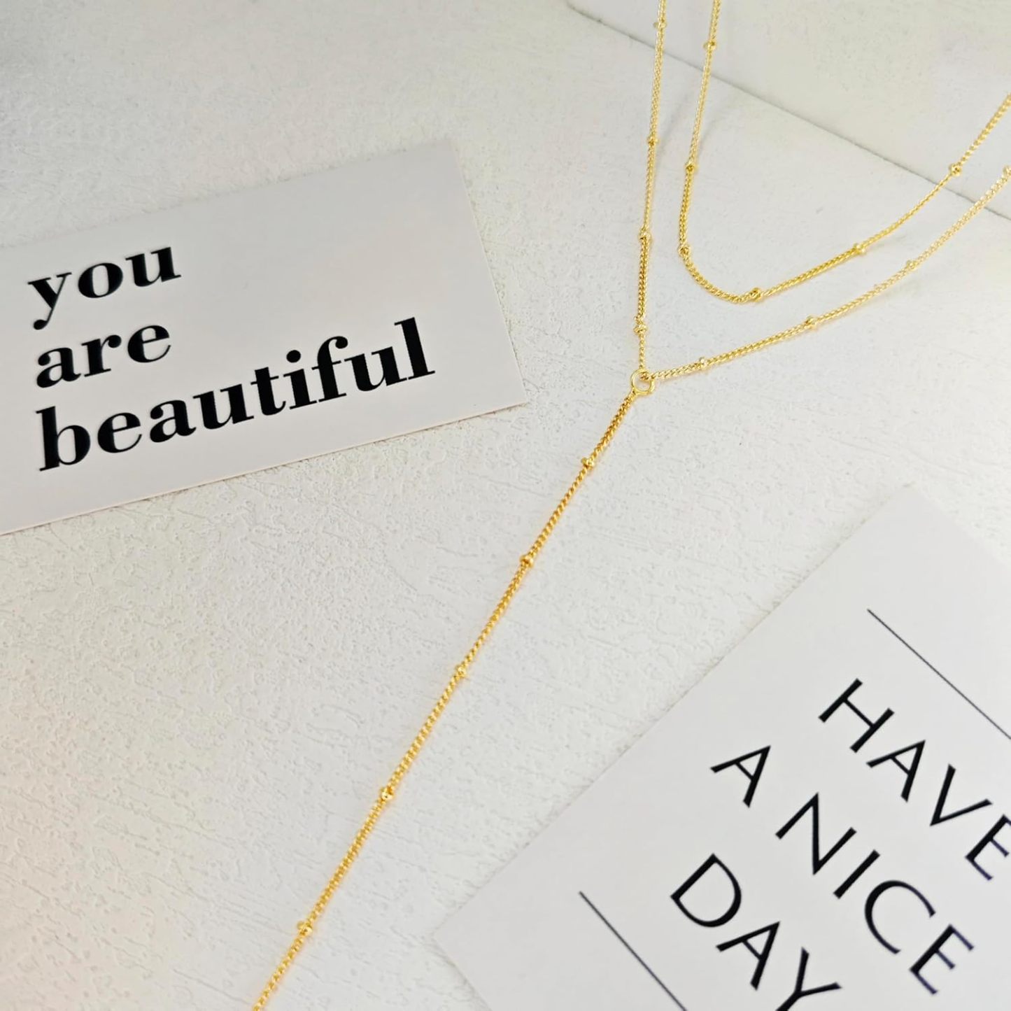 Gold Necklace for Women, Dainty Long Necklace 14k Gold Plated/Silver Y-Shaped Pendant Necklaces Trendy Beaded Chain Drop Necklaces Jewelry for Women Gifts