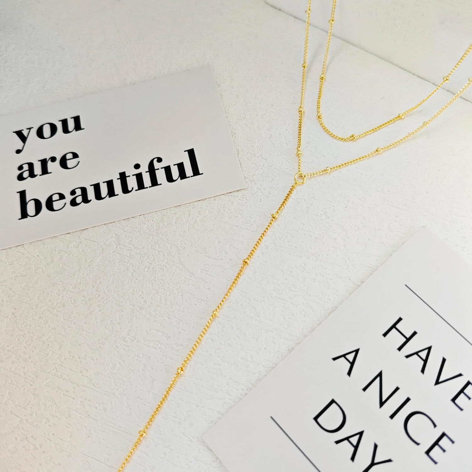 Gold Necklace for Women, Dainty Long Necklace 14k Gold Plated/Silver Y-Shaped Pendant Necklaces Trendy Beaded Chain Drop Necklaces Jewelry for Women Gifts