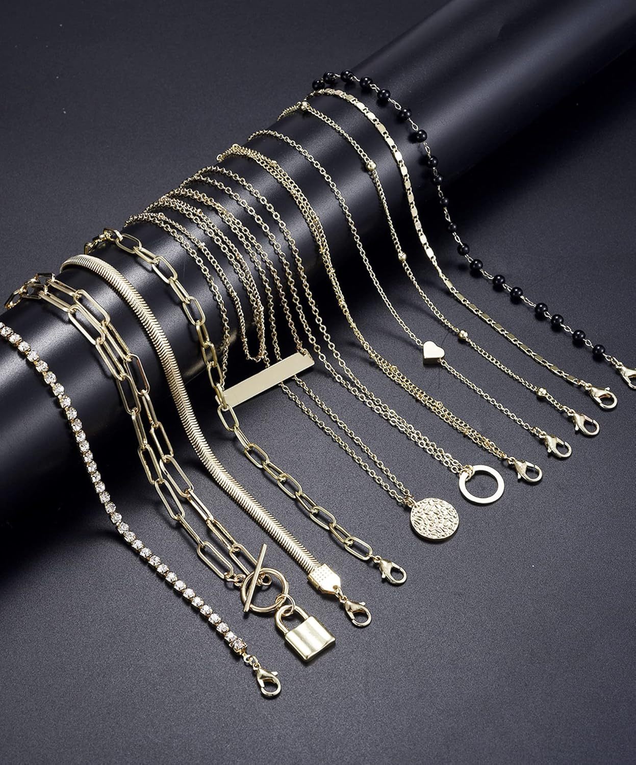 12pcs Chain Gold Bead Necklace Coin Moon Star Pearl Pendant Chain Choker Multilayer Necklace Leather Cord Set for Women Men Adjustable Gold Tone