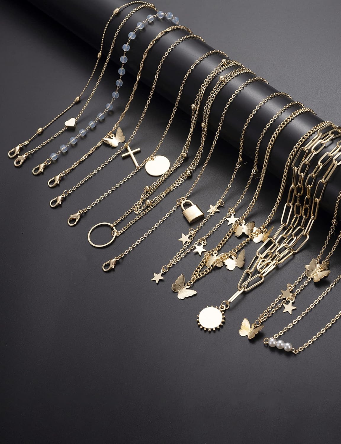 12pcs Chain Gold Bead Necklace Coin Moon Star Pearl Pendant Chain Choker Multilayer Necklace Leather Cord Set for Women Men Adjustable Gold Tone