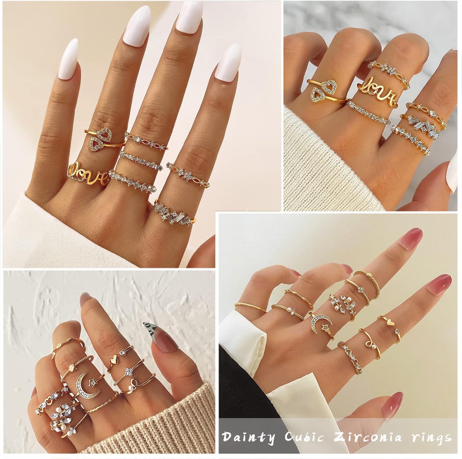 Gold Knuckle Rings Set For Women Vintage Stackable Joint Finger Midi Rings Dainty Cubic Zirconia Crystal Simple Twist Hollow Cute Pack Jewelry Gift (51 fasinon, Gold)