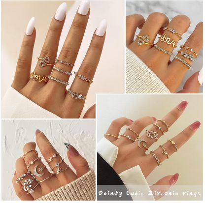 Gold Knuckle Rings Set For Women Vintage Stackable Joint Finger Midi Rings Dainty Cubic Zirconia Crystal Simple Twist Hollow Cute Pack Jewelry Gift (51 fasinon, Gold)