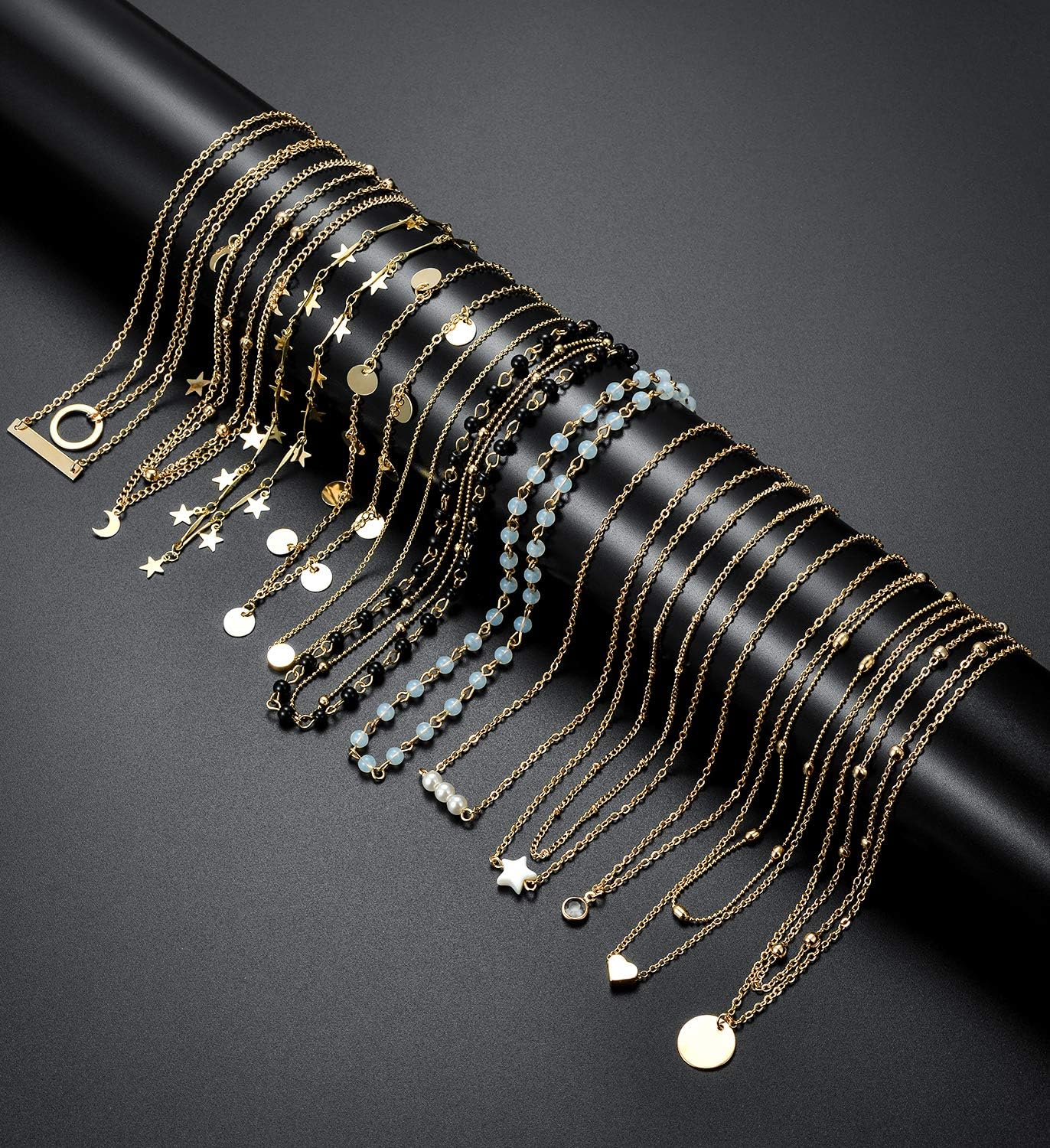 12pcs Chain Gold Bead Necklace Coin Moon Star Pearl Pendant Chain Choker Multilayer Necklace Leather Cord Set for Women Men Adjustable Gold Tone