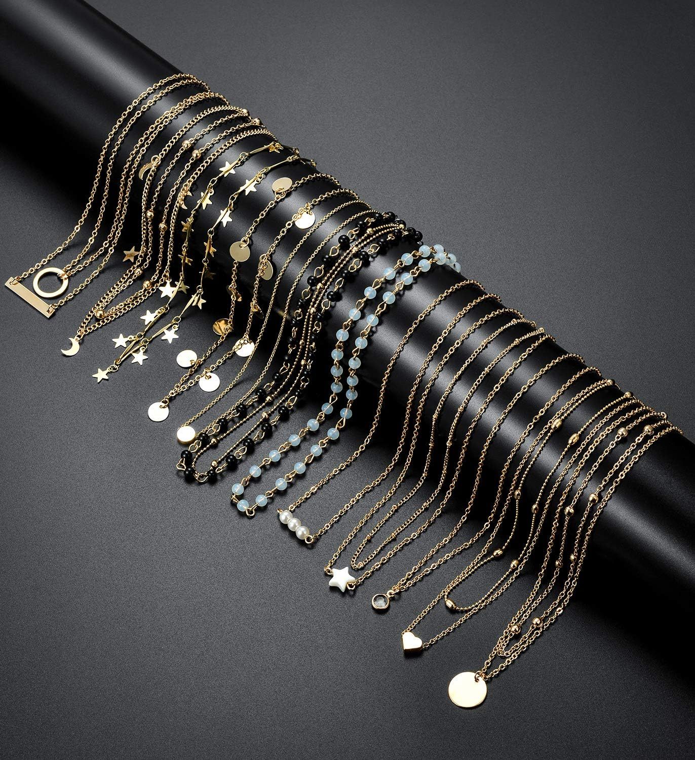 12pcs Chain Gold Bead Necklace Coin Moon Star Pearl Pendant Chain Choker Multilayer Necklace Leather Cord Set for Women Men Adjustable Gold Tone