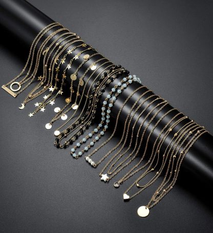 12pcs Chain Gold Bead Necklace Coin Moon Star Pearl Pendant Chain Choker Multilayer Necklace Leather Cord Set for Women Men Adjustable Gold Tone