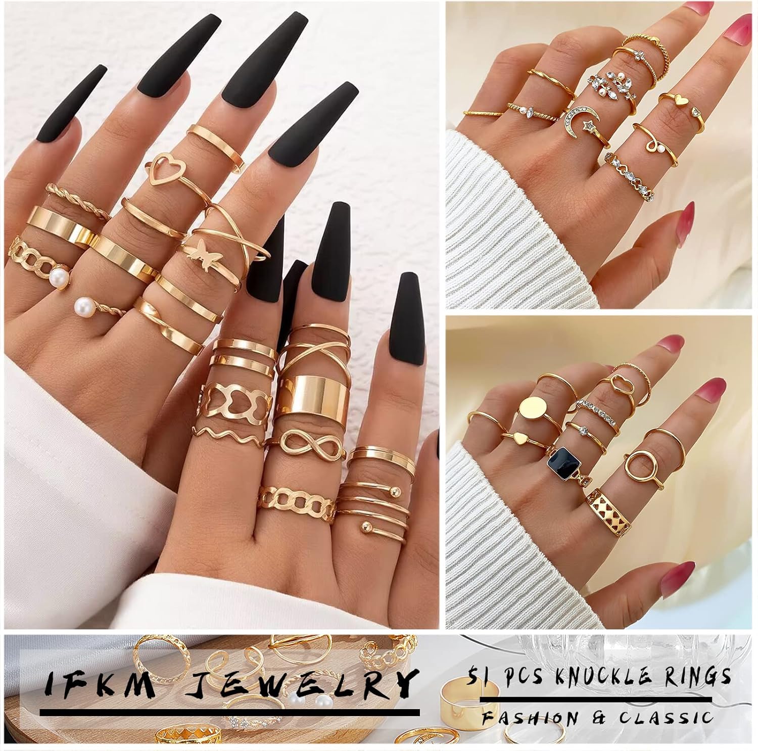 Gold Knuckle Rings Set For Women Vintage Stackable Joint Finger Midi Rings Dainty Cubic Zirconia Crystal Simple Twist Hollow Cute Pack Jewelry Gift (51 fasinon, Gold)