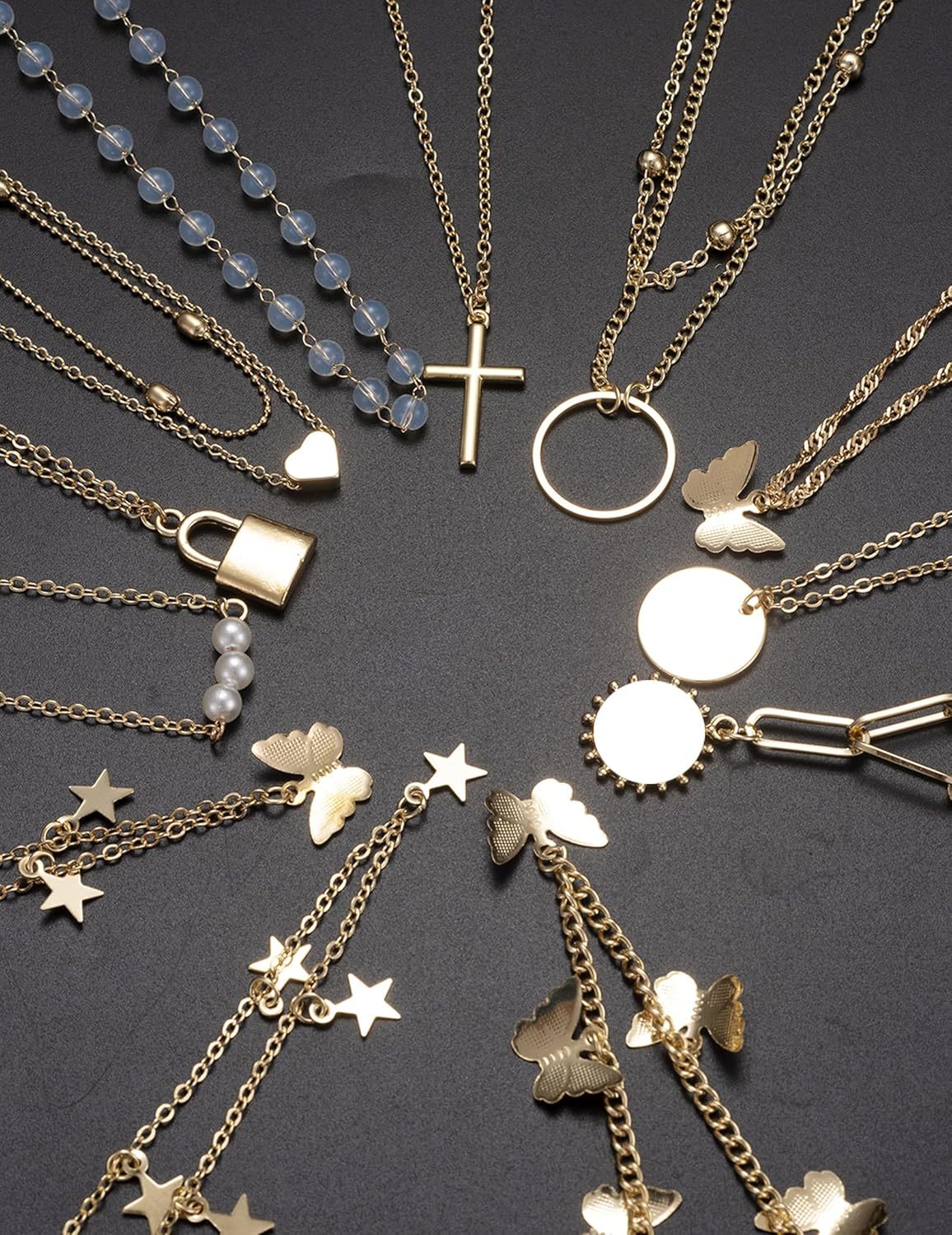 12pcs Chain Gold Bead Necklace Coin Moon Star Pearl Pendant Chain Choker Multilayer Necklace Leather Cord Set for Women Men Adjustable Gold Tone