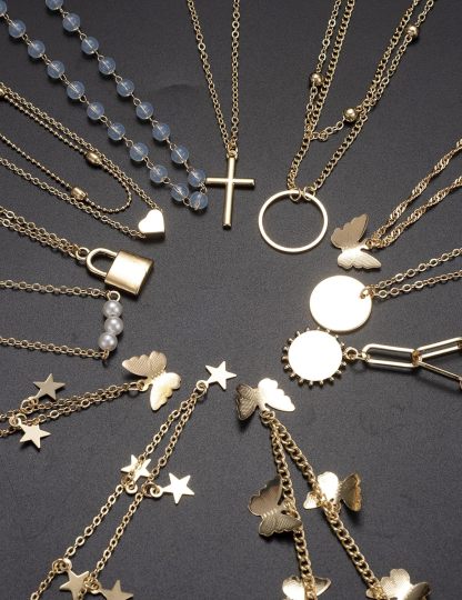 12pcs Chain Gold Bead Necklace Coin Moon Star Pearl Pendant Chain Choker Multilayer Necklace Leather Cord Set for Women Men Adjustable Gold Tone