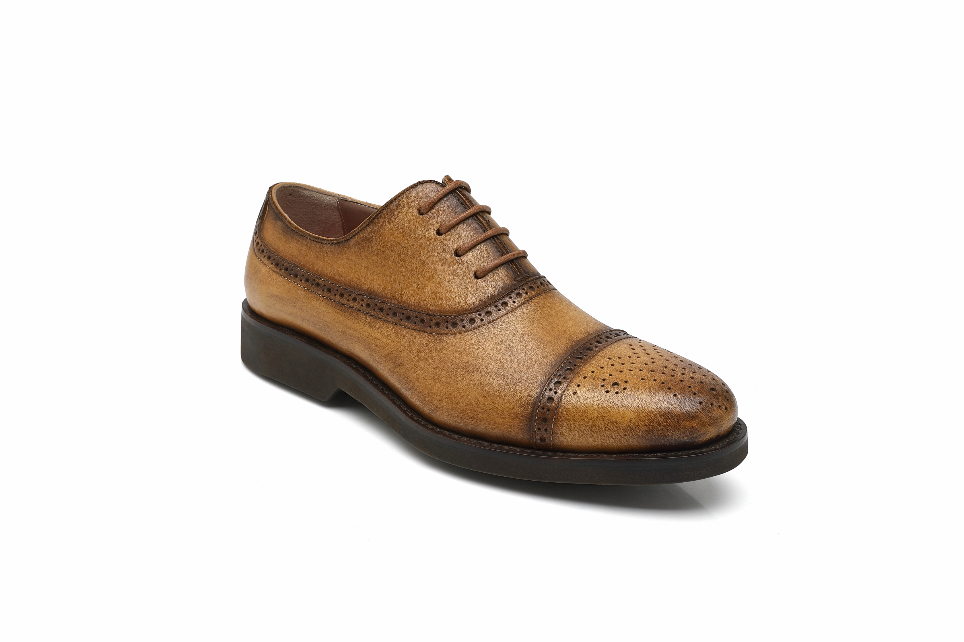 APORO MARC Hand-Painted Patina Tan Cap Toe Brogue Oxford Dress Shoes for Men