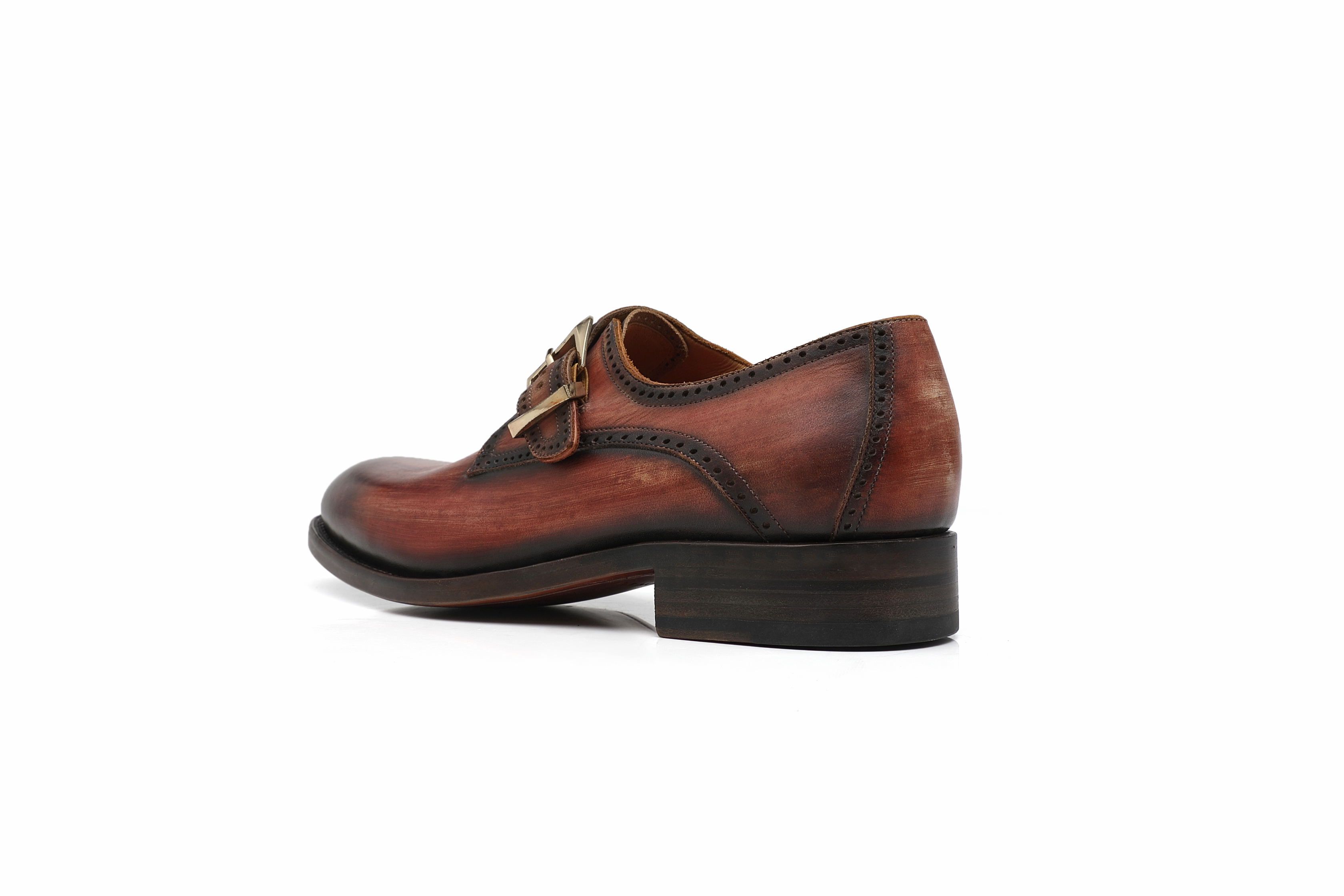 APORO MARC Brown Hand Patina Brogue Single Monk Strap Dress Shoes for Men
