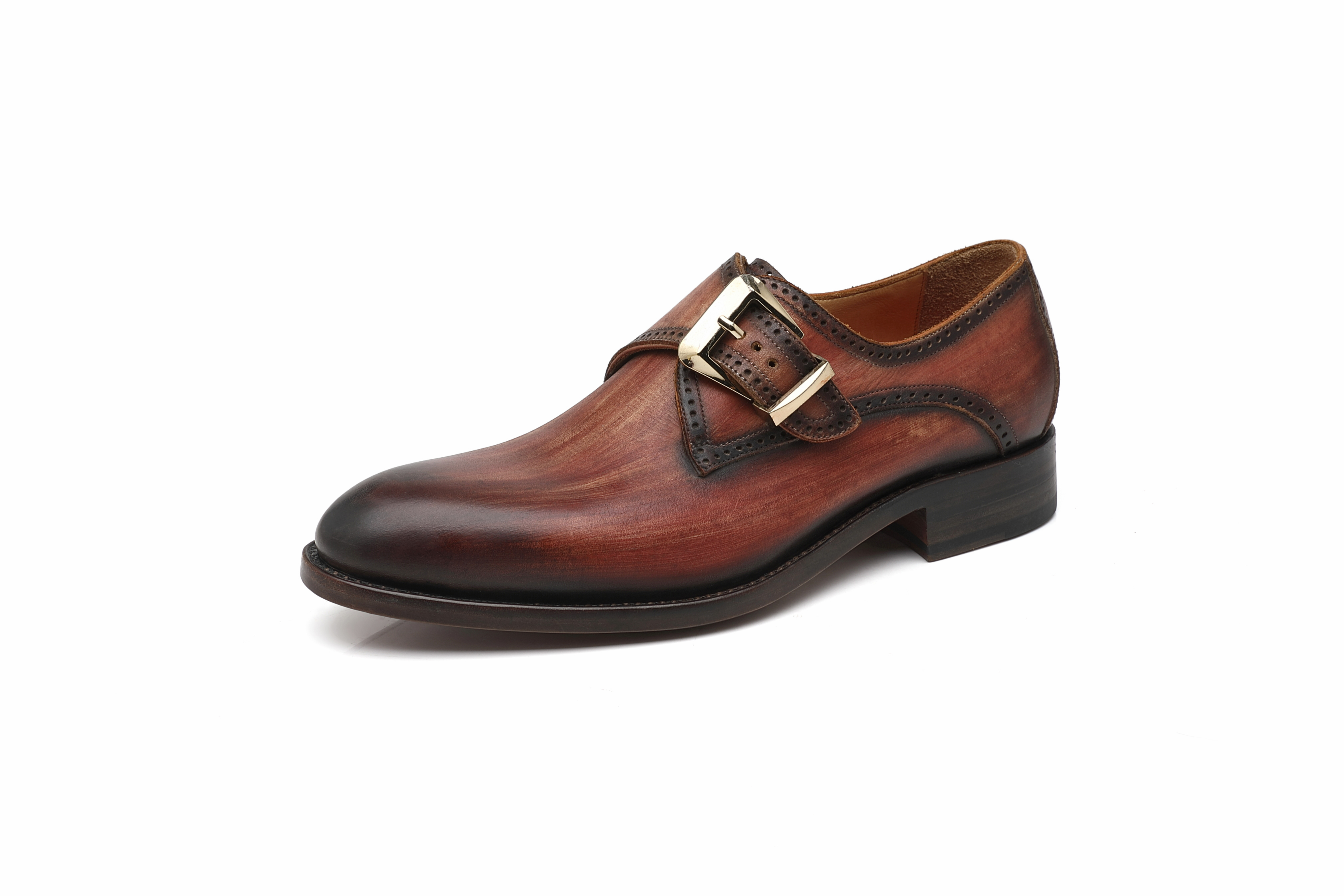 APORO MARC Brown Hand Patina Brogue Single Monk Strap Dress Shoes for Men