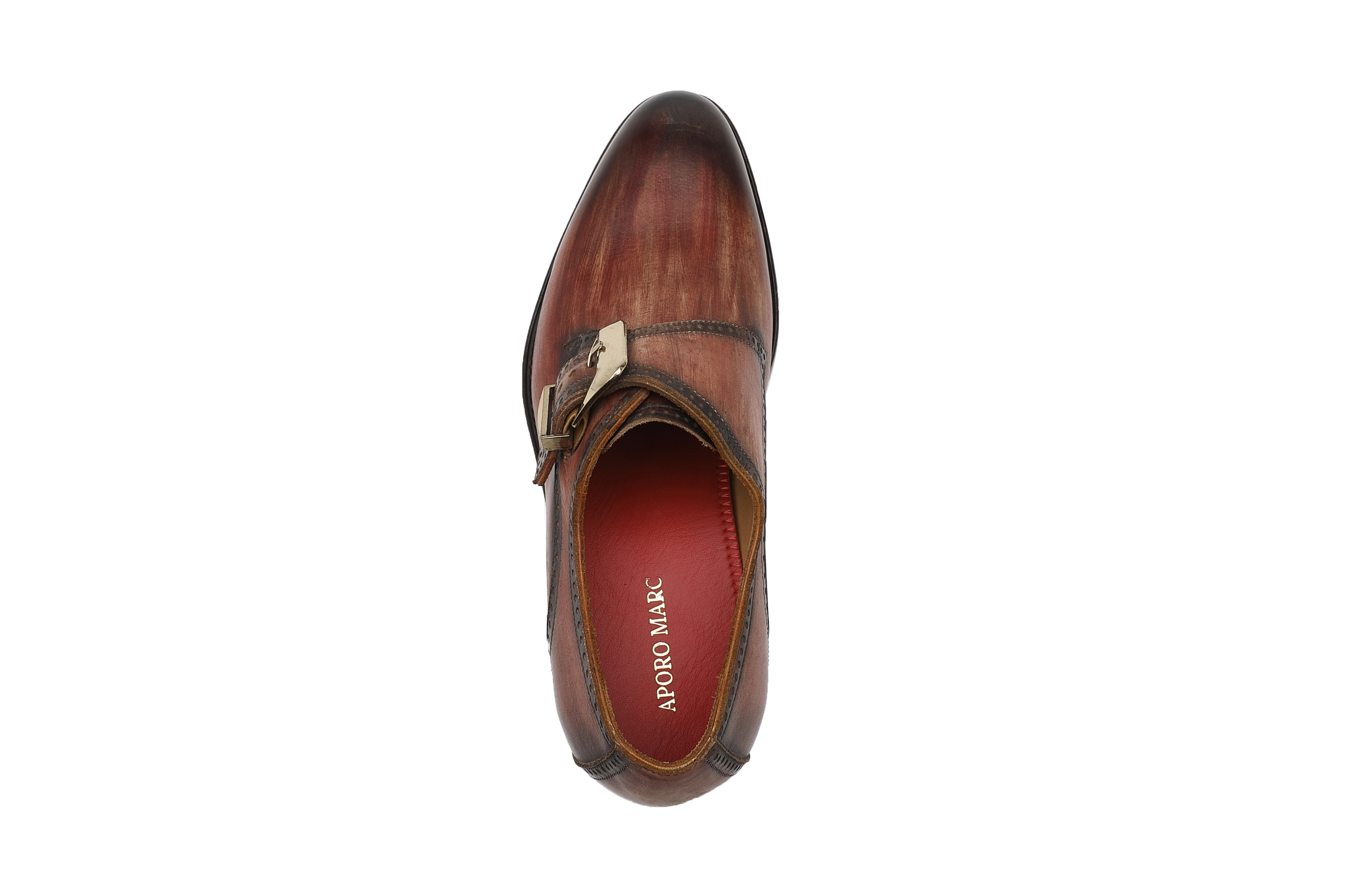 APORO MARC Brown Hand Patina Brogue Single Monk Strap Dress Shoes for Men