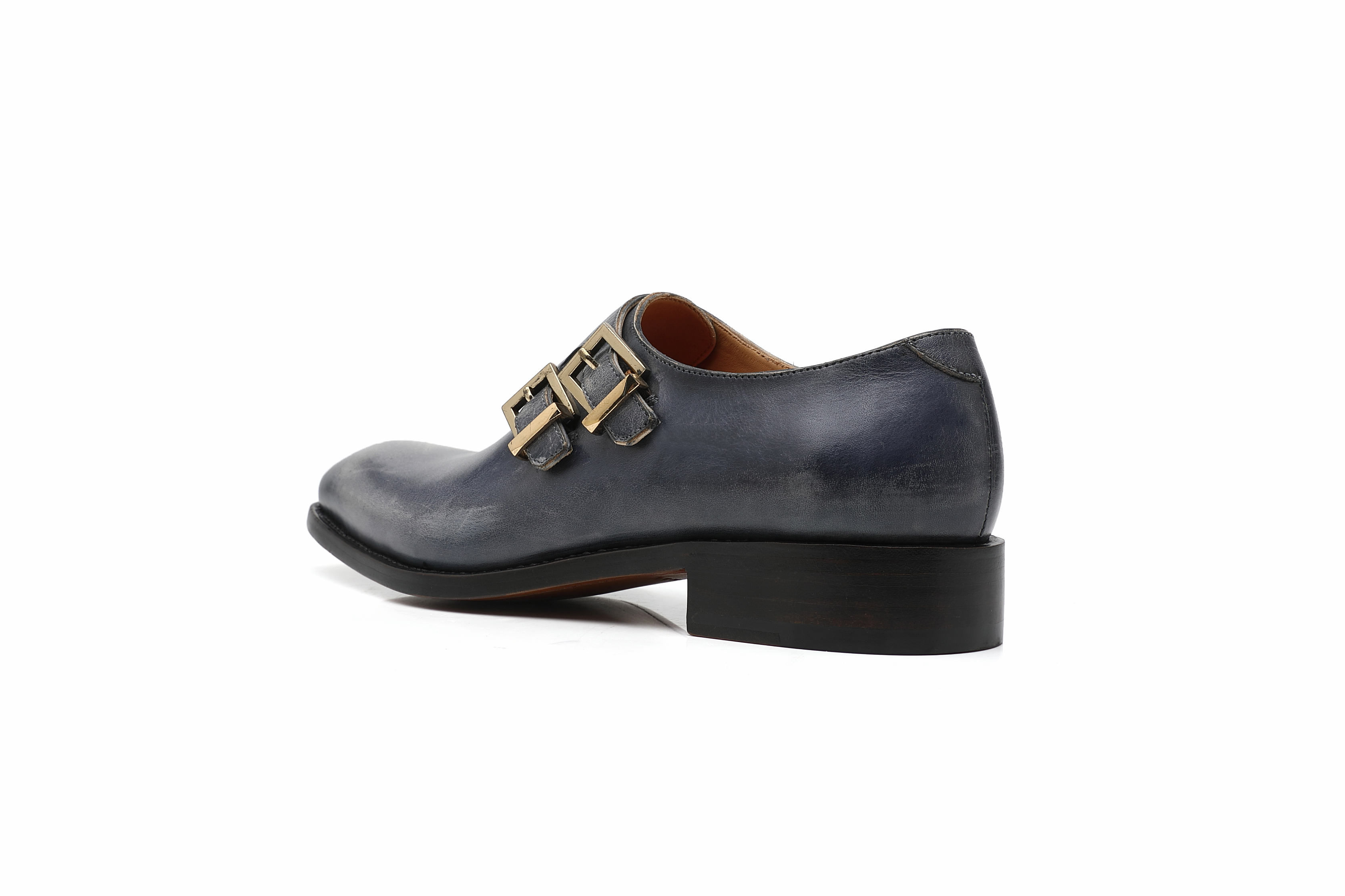 APORO MARC Navy Hand Patina Double Monk Strap Dress Shoes for Men