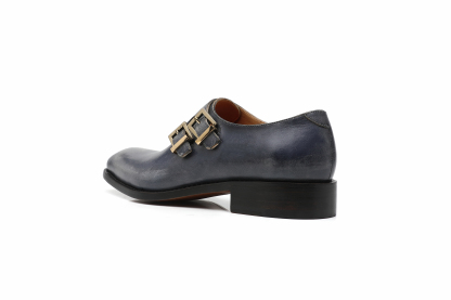 APORO MARC Navy Hand Patina Double Monk Strap Dress Shoes for Men