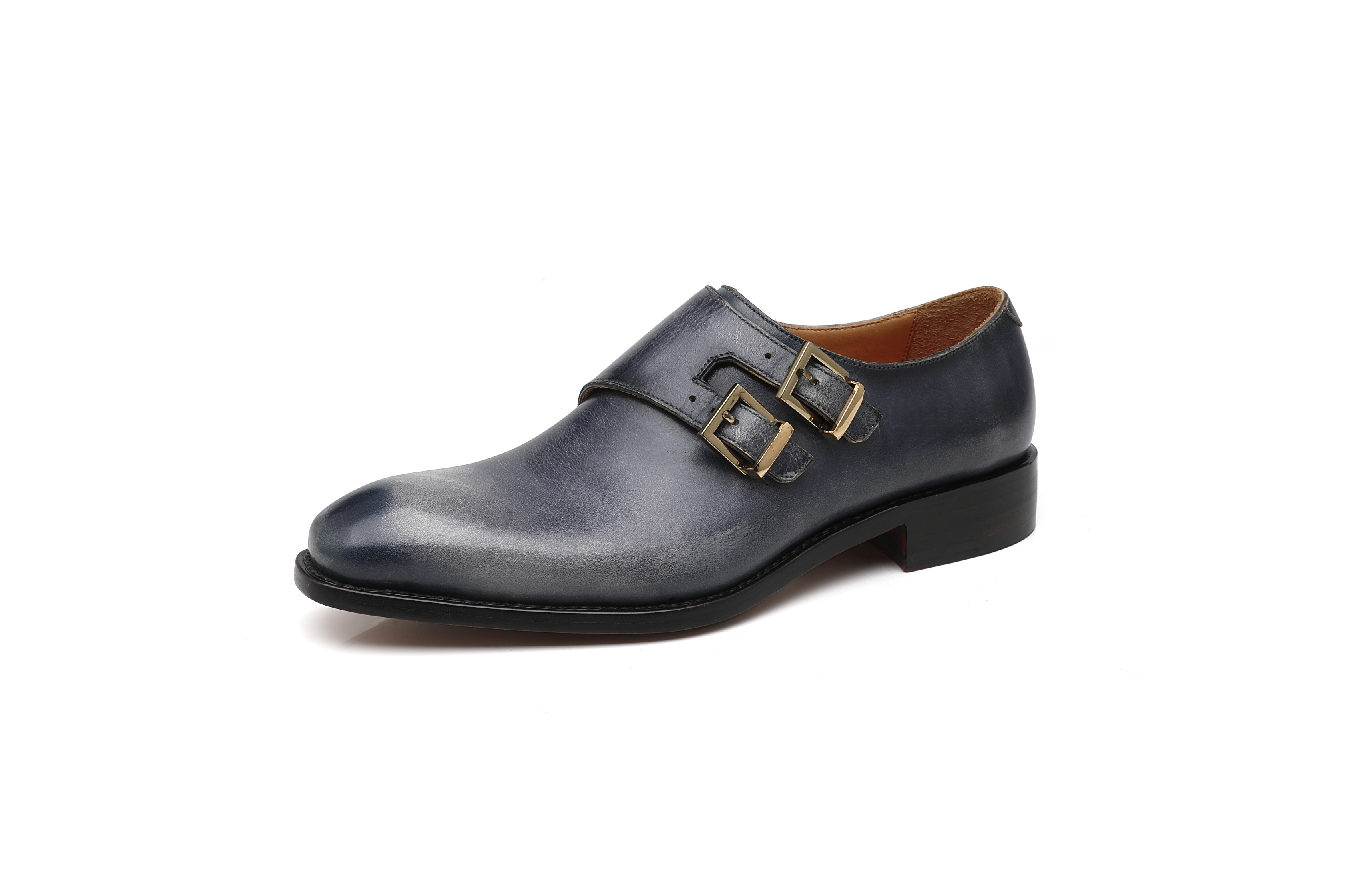 APORO MARC Navy Hand Patina Double Monk Strap Dress Shoes for Men