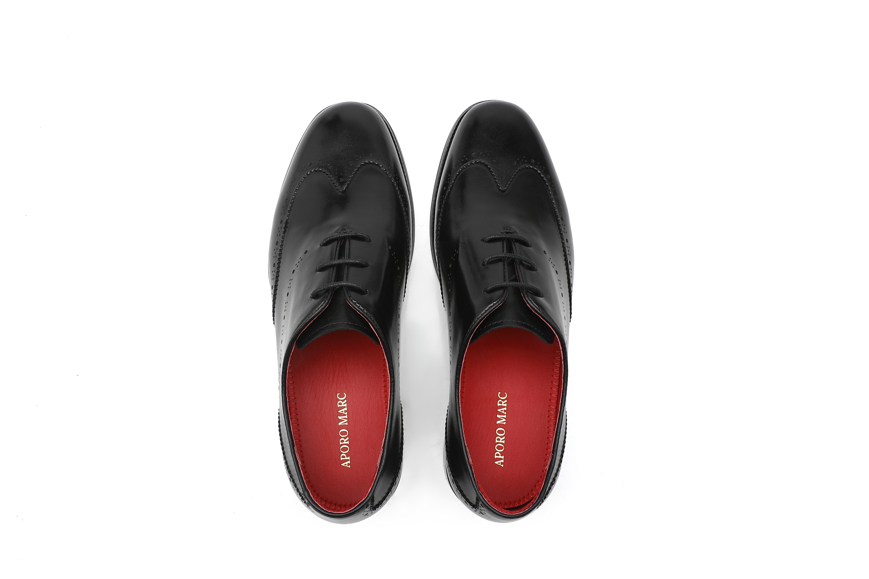 APORO MARC Black Polished Full Brogue Wholecut Oxford Dress Shoes for Men