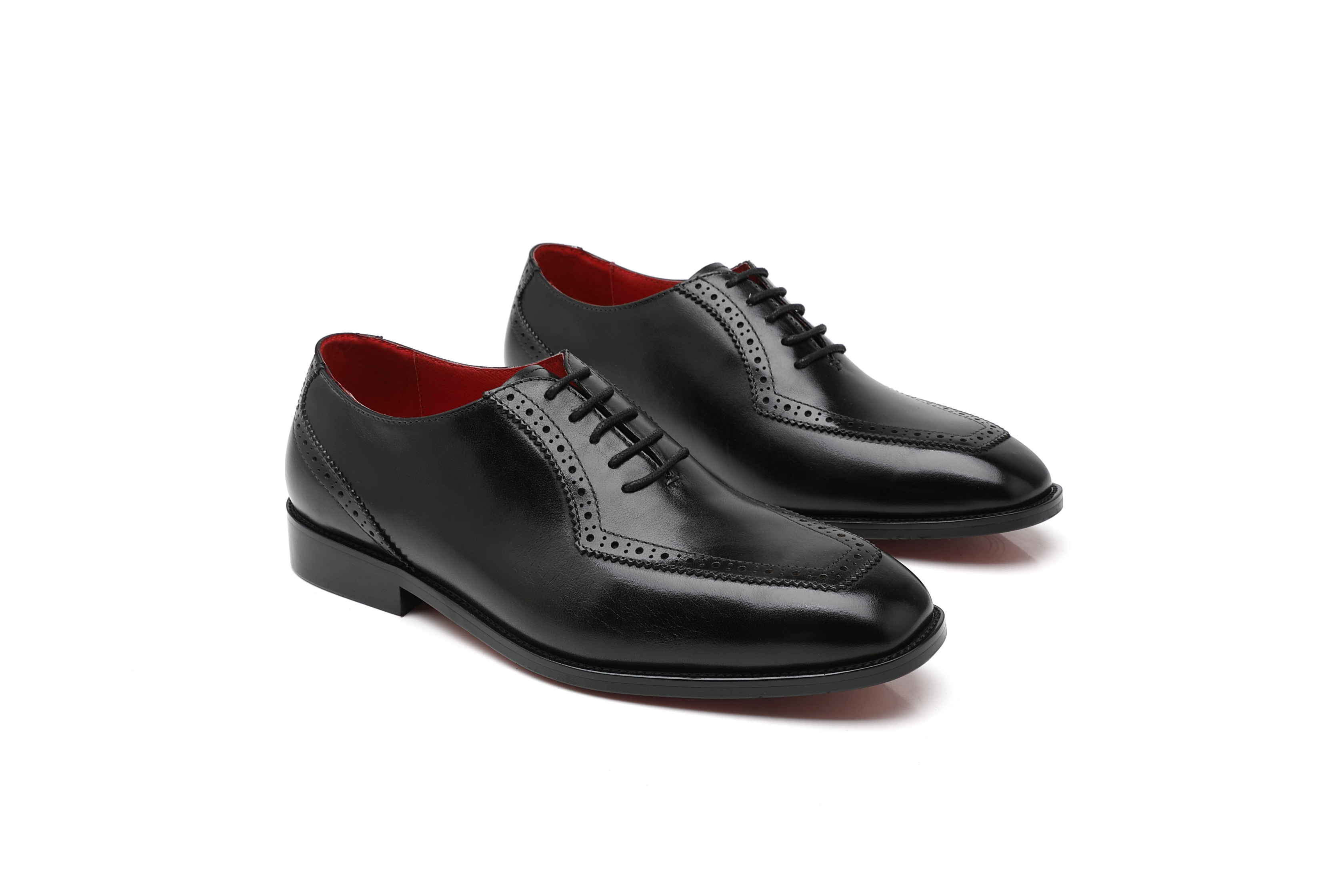 APORO MARC Black Polished Semi Brogue Wholecut Oxford Dress Shoes for Men