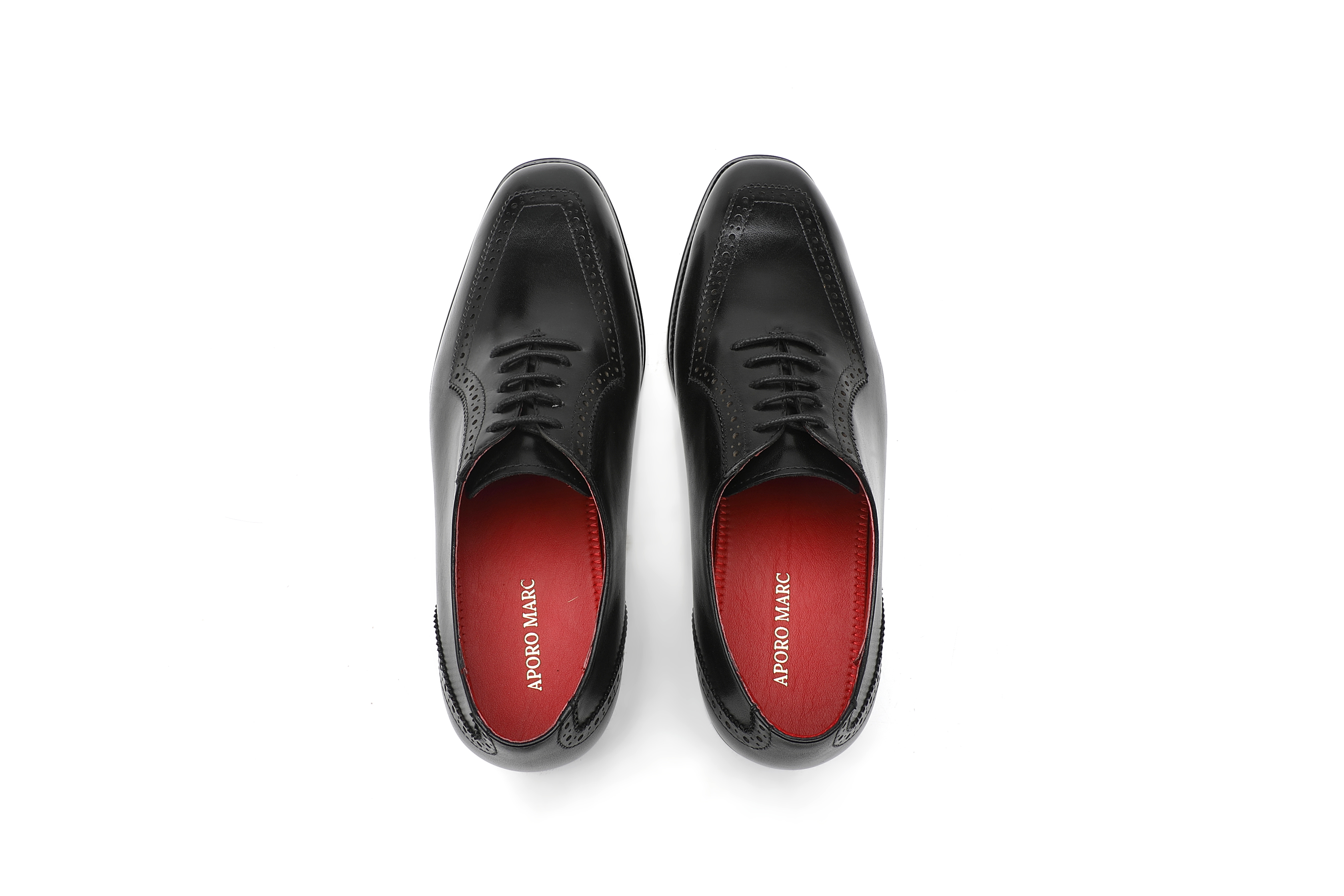 APORO MARC Black Polished Semi Brogue Wholecut Oxford Dress Shoes for Men
