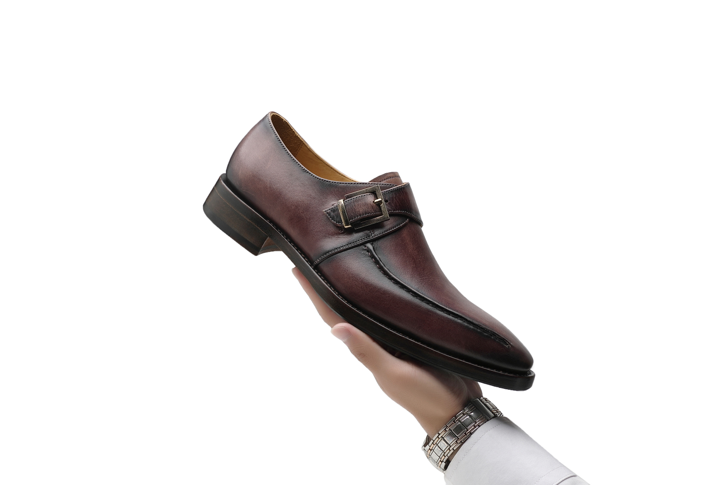APORO MARC Dark Brown Hand Patina Single Monk Strap Dress Shoes for Men