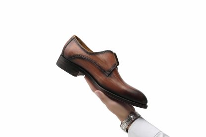 APORO MARC Brown Hand Patina Brogue Single Monk Strap Dress Shoes for Men