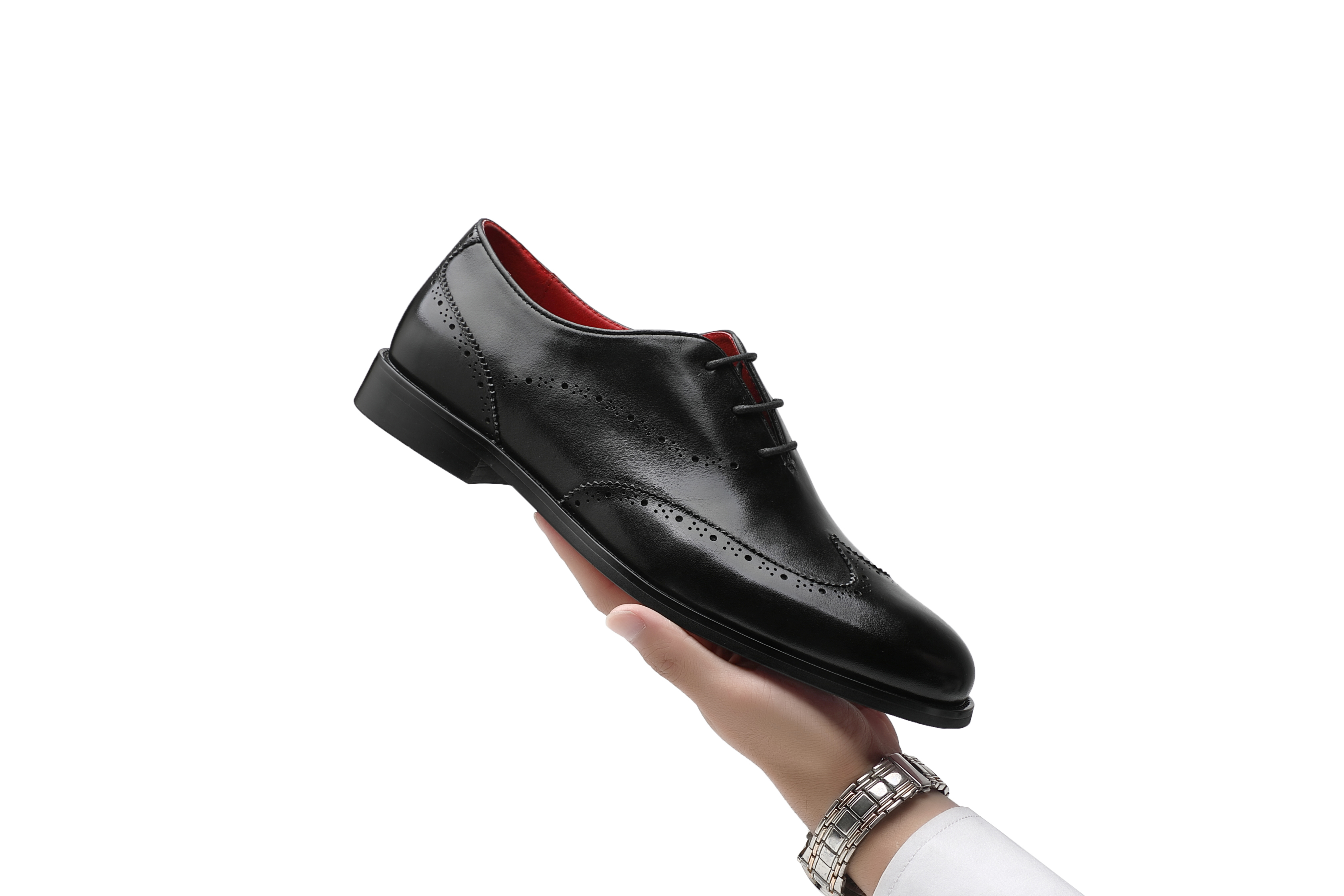 APORO MARC Black Polished Full Brogue Wholecut Oxford Dress Shoes for Men