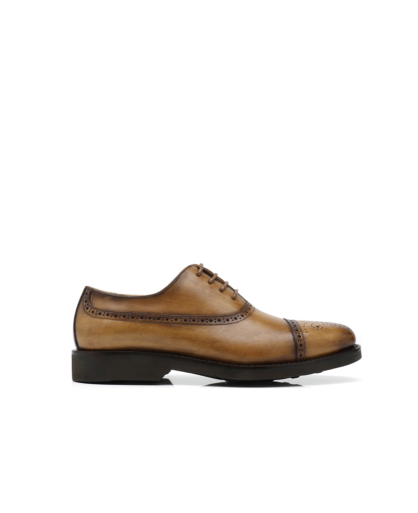 APORO MARC Men's Patina Tan Cap Toe Brogue Oxford Shoes