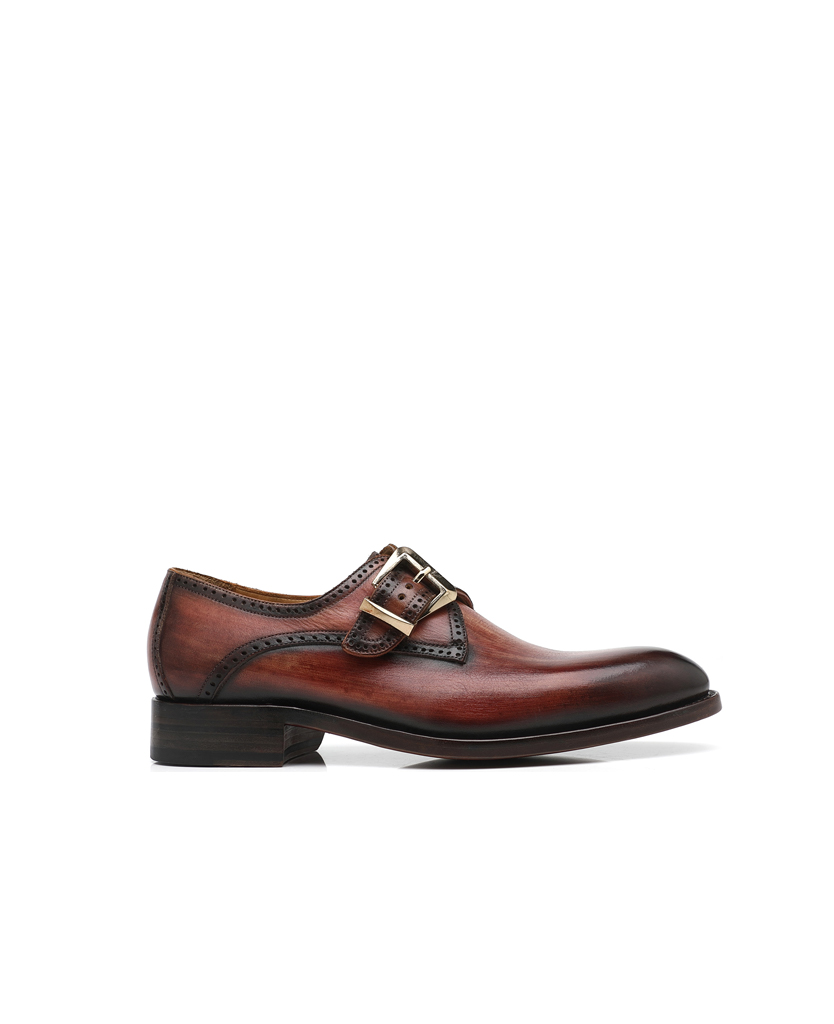 APORO MARC Men's Brown Hand Patina Brogue Single Monk Strap Dress Shoes
