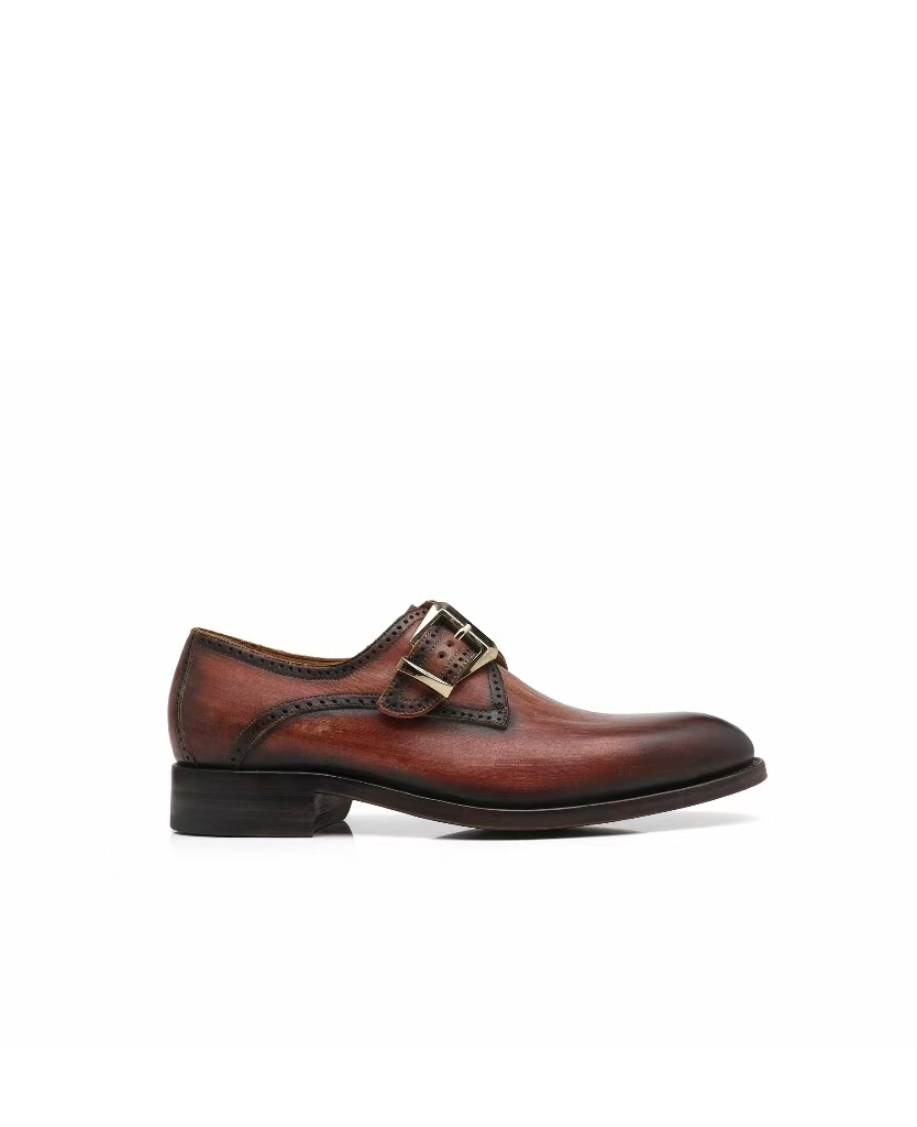 APORO MARC Brown Hand Patina Brogue Single Monk Strap Dress Shoes for Men