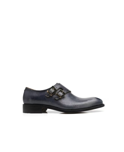 APORO MARC Navy Hand Patina Double Monk Strap Dress Shoes for Men
