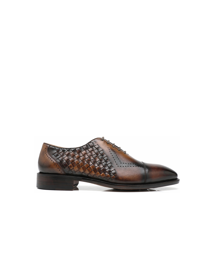 APORO MARC Men's Brown Hand Patina Woven Cap Toe Brogue Oxford Shoes