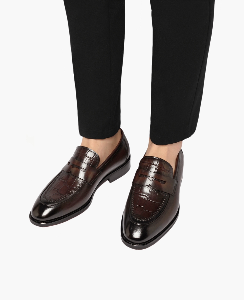 APORO MARC Classic Burnished Croc-Embossed Penny Loafers for Men