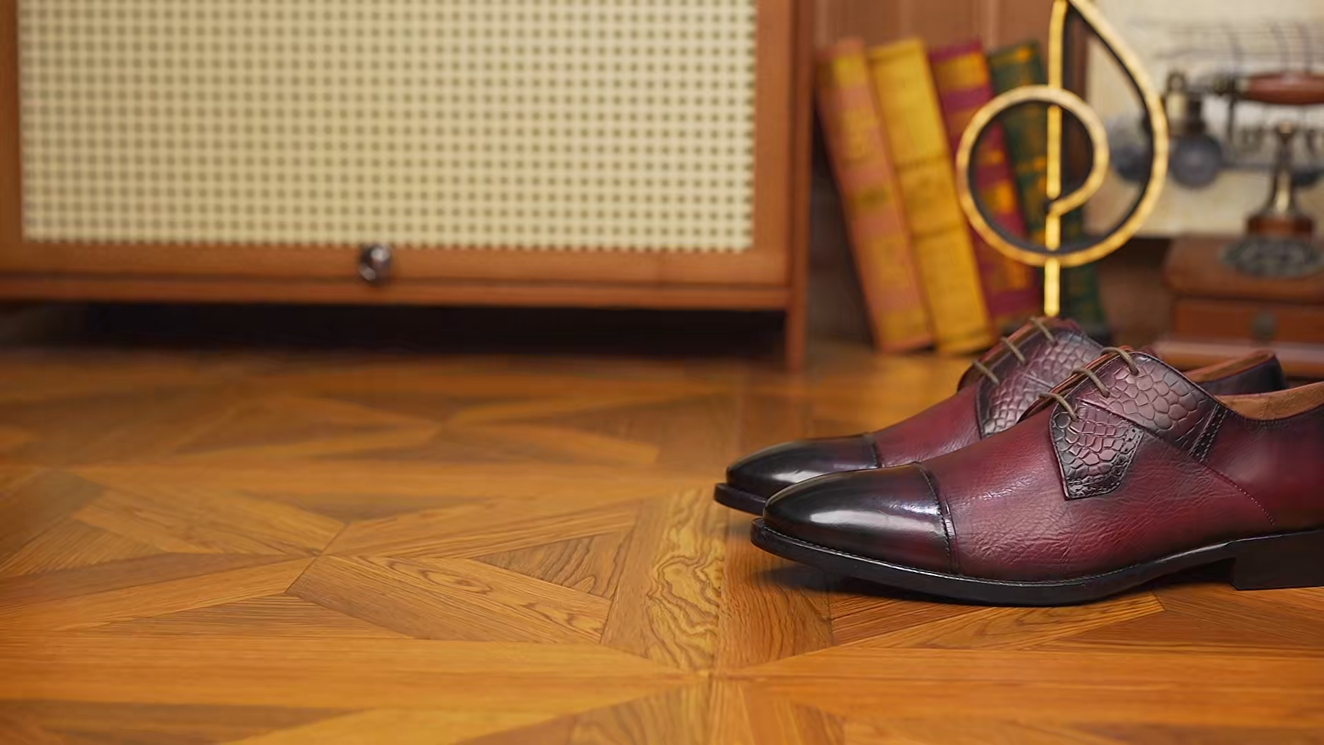 APORO MARC Burgundy Hand Patina Croc Embossed Cap Toe Oxford Shoes for Men