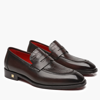 Aporomarc 2026 Classic Burnished Croc-Embossed Penny Loafers for Men