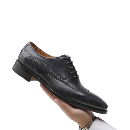 APORO MARC Men's Black Hand Patina Full Brogue Oxford Dress Shoes