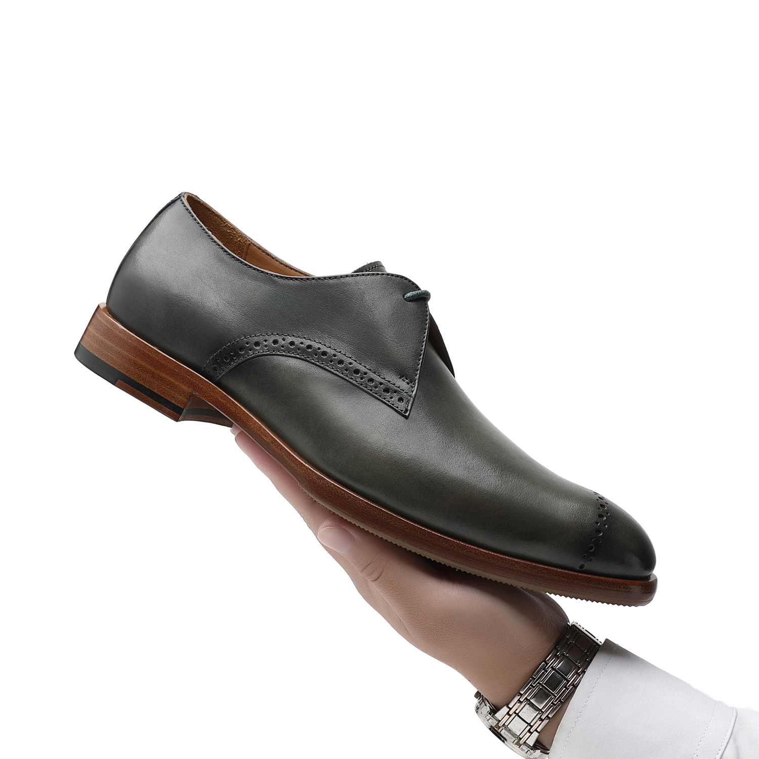 APORO MARC Dark Green Hand Burnished Leather Wholecut Oxford Dress Shoes for Men
